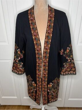 Soft Surroundings Women’s Multicolored Black Kimono Embroidered Open-Front Large